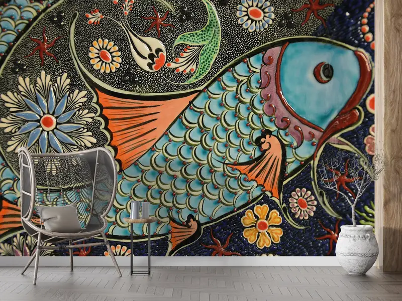Modern Wall Paper, , Contemporary Wall Painting, Paper Wall Art, Pattern Wall Poster, Custom Wall Paper, Fish Wall Art, - 3