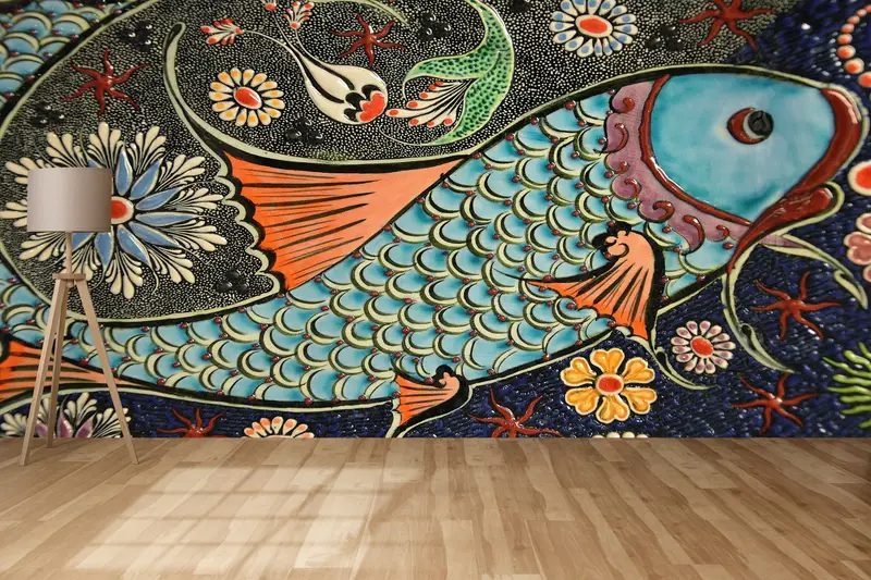 Modern Wall Paper, , Contemporary Wall Painting, Paper Wall Art, Pattern Wall Poster, Custom Wall Paper, Fish Wall Art, - 4