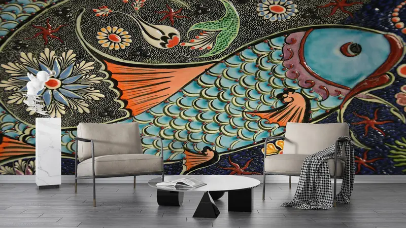 Modern Wall Paper, , Contemporary Wall Painting, Paper Wall Art, Pattern Wall Poster, Custom Wall Paper, Fish Wall Art, - 7