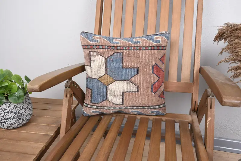 Vintage Small Square Geometric Pillow Cover, Wool Antique 36x36 cm Pink Pillowcase - 1