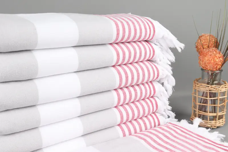 Beach Towel Turkish Cotton Light Gray-Red Stripes, 36x67 Inches