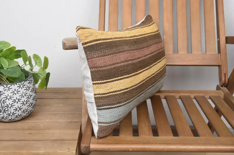 Ethnical Kilim Rug Pillow, Gift Pillow, Pillow Case, Boho Pillow Sham Cover, 12x20 Yellow Cushion Case, Wool Kilim Pillow Cushion - 2