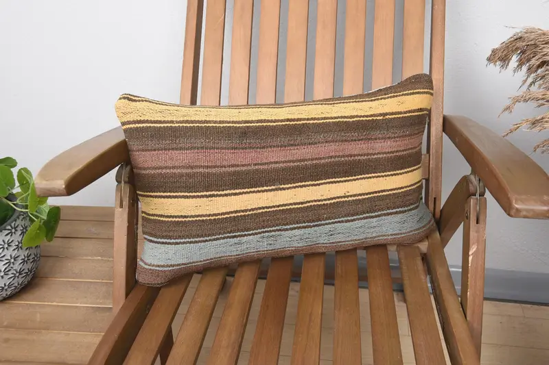 Ethnical Kilim Rug Pillow, Gift Pillow, Pillow Case, Boho Pillow Sham Cover, 12x20 Yellow Cushion Case, Wool Kilim Pillow Cushion - 1