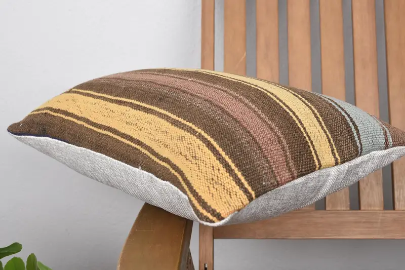 Ethnical Kilim Rug Pillow, Gift Pillow, Pillow Case, Boho Pillow Sham Cover, 12x20 Yellow Cushion Case, Wool Kilim Pillow Cushion - 5