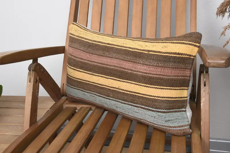 Ethnical Kilim Rug Pillow, Gift Pillow, Pillow Case, Boho Pillow Sham Cover, 12x20 Yellow Cushion Case, Wool Kilim Pillow Cushion - 3