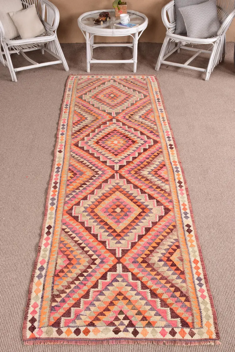 2.7x9.5 ft Turkish Vintage Rug, Runner Rug, Orange Kilim Striped Rug - 1