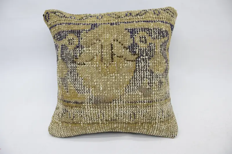 Turkish Beige Cushion, Rustic Small Square 14x14 inch Antique Pillowcase - 1