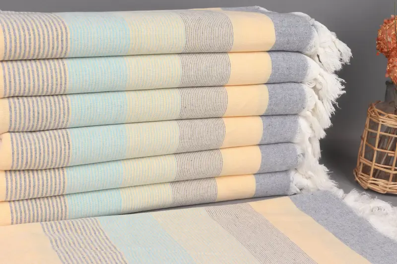 Turkish Beach Towel Yellow-Navy Blue Striped, Organic Cotton, 40x67 Inches