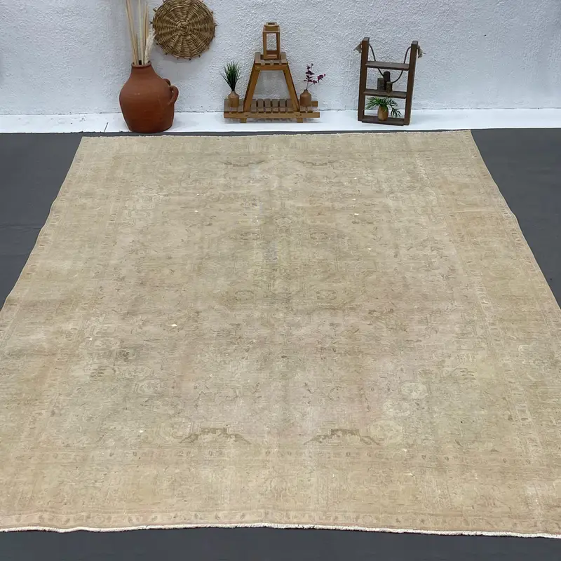 9.4x12.6 ft Vintage Turkish Rug, Oversize Rug, Brown Oushak Animal Print Rug - 1