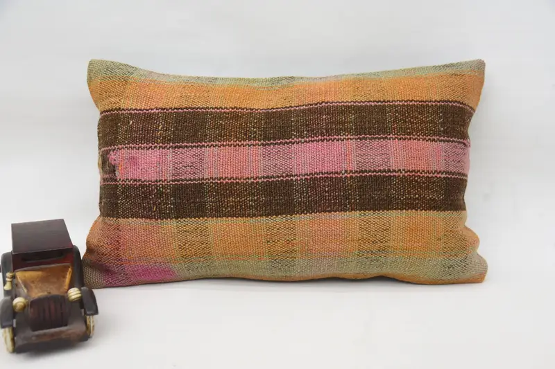 Striped Orange Throw Pillow, Antique Decorative 12x20 inch Cushion - 1