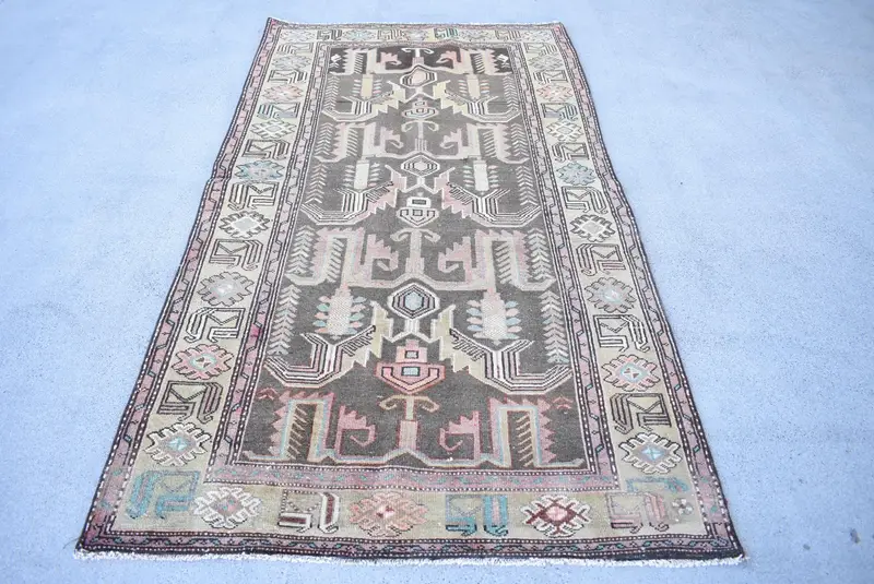 Vintage Rug, 4x7.3 ft Area Rug, Brown Striped Wool Turkish Rug - 1