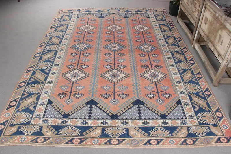 Handmade Orange & Blue Ikat Rug, 5.4x9.3 ft
