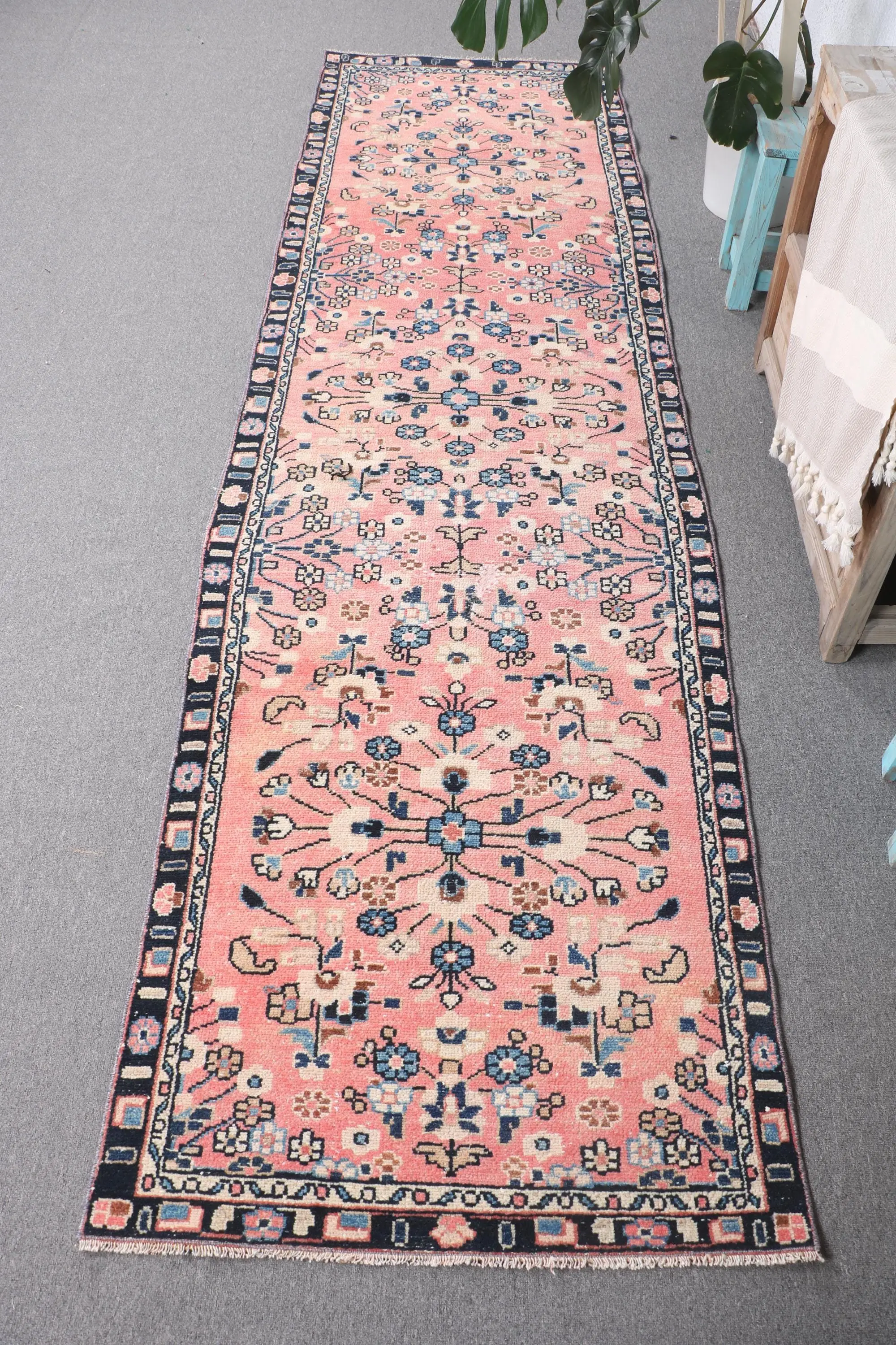 Vintage Turkish Runner Rug 2.8x9.8 ft, Pink Wool Rug - 1