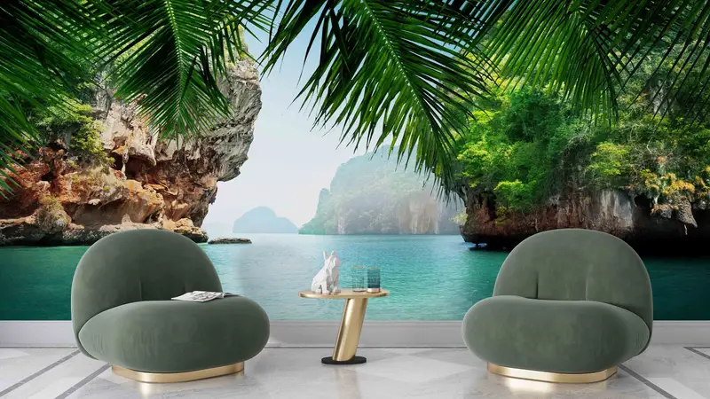 Bedruckte Tapete mit tropischer Meereslandschaft: Elegantes Thai-Bucht-Design