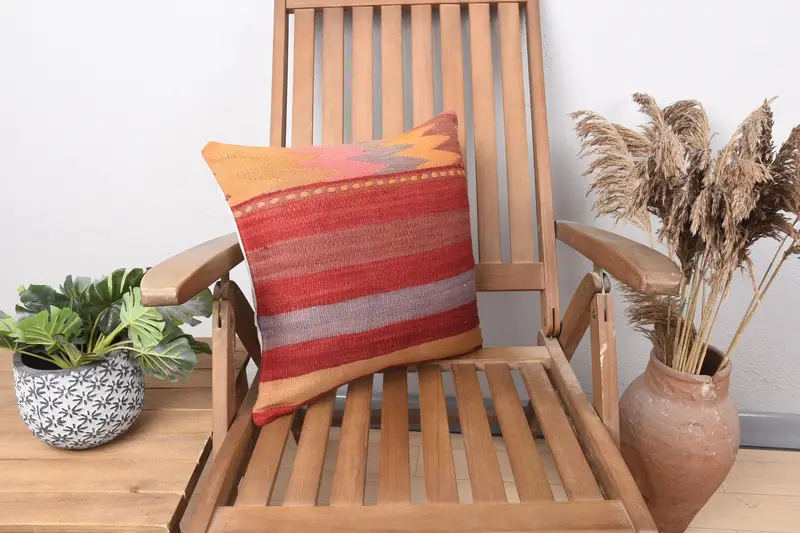 Vintage Antique Red Pillowcase, 6x6 inch Striped Wool Cushion Case - 1
