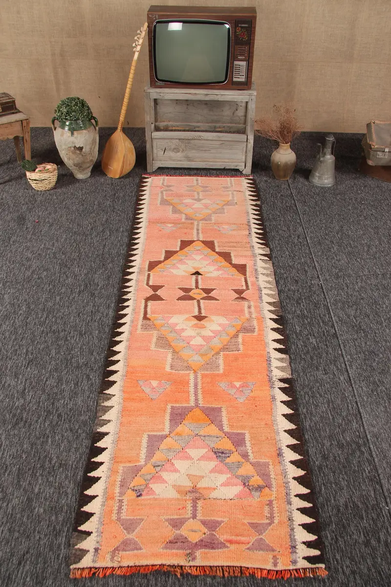 2.8x9.3 ft Rug, Vintage Turkish Rug, Oushak Orange Bordered Rug - 1