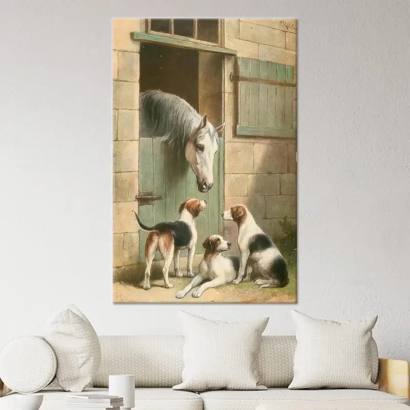 Lienzo elegante de granja costera - Impresión de caballos y perros