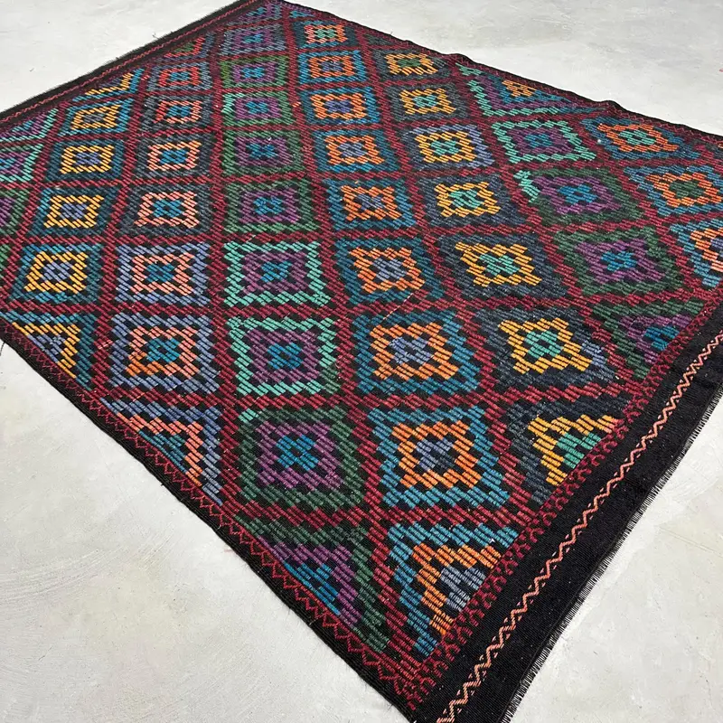 Vintage Turkish Rug 6.8x9.3 ft (208x283 cm), Kilim Red Blue Oriental Rug - 1