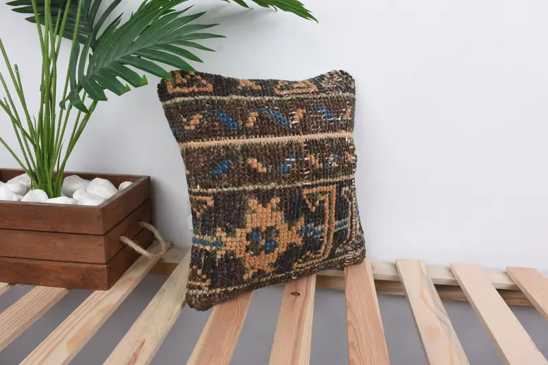 Handmade Kilim Cushion, 12x12 Brown Cushion Cover, Gift Pillow, Antique Pillows, Floor Pillow Sham, Accent Cushion Cover, Cushion Case - 4