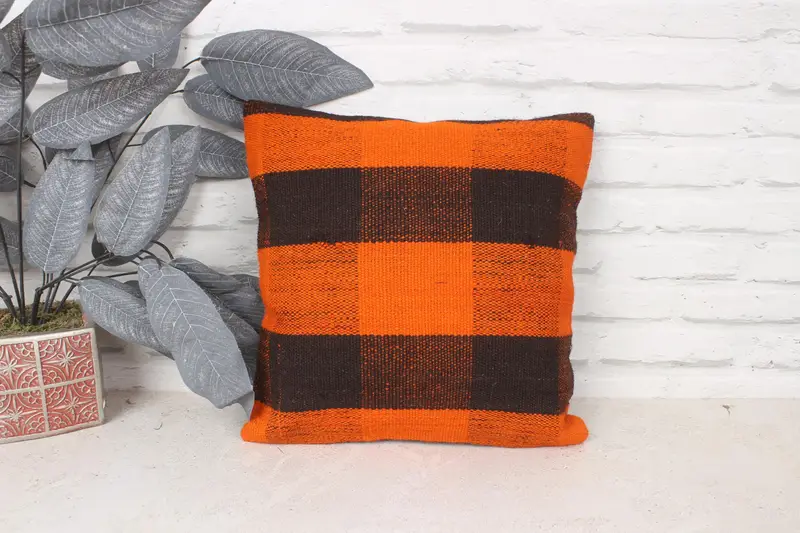 Pillow, Vintage Pillow, Interior Designer Pillow, Southwestern Pillow Case, Sofa Pillow Case, 14x14 Orange Pillow Cover, Ethnical Kilim Rug Pillow - 1