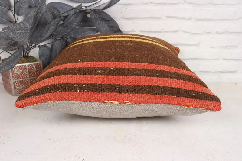 Floor Pillow Sham, Pillow Case, Vintage Kilim Pillow, Sofa Bolster Cushion, Boho Pillow Sham Cover, 18x18 Brown Cushion, Vintage Pillow - 5