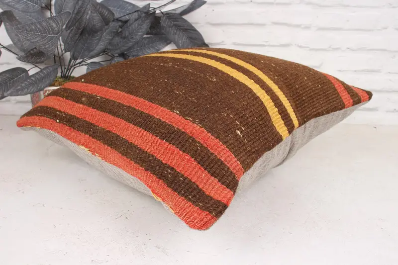 Floor Pillow Sham, Pillow Case, Vintage Kilim Pillow, Sofa Bolster Cushion, Boho Pillow Sham Cover, 18x18 Brown Cushion, Vintage Pillow - 6
