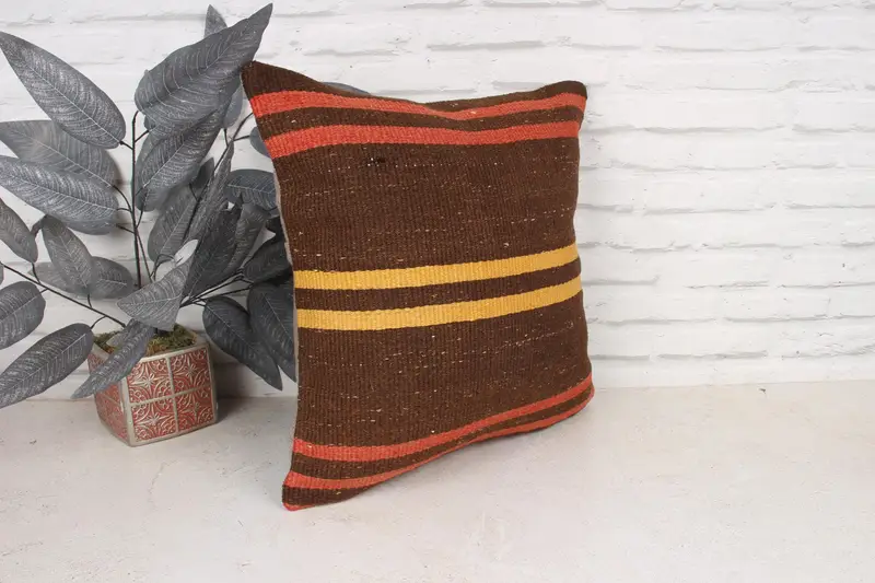 Floor Pillow Sham, Pillow Case, Vintage Kilim Pillow, Sofa Bolster Cushion, Boho Pillow Sham Cover, 18x18 Brown Cushion, Vintage Pillow - 3
