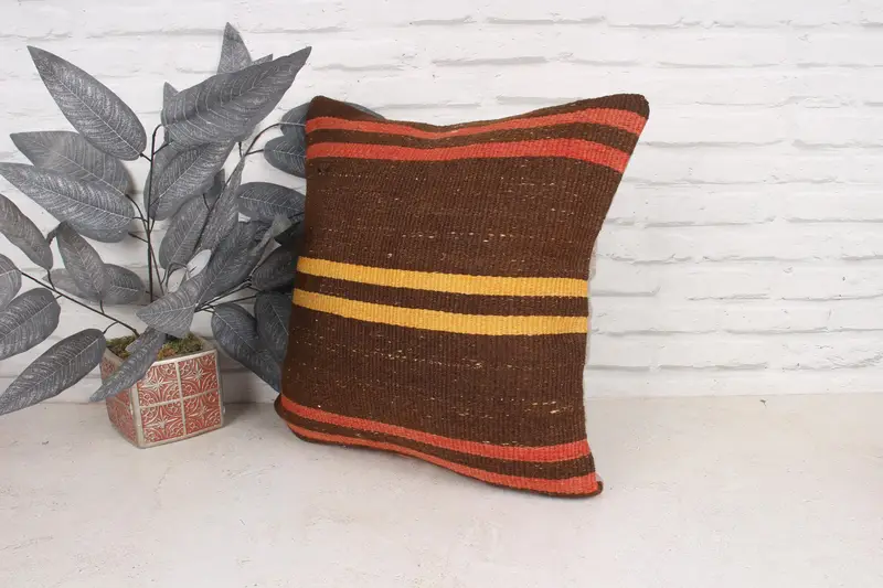 Floor Pillow Sham, Pillow Case, Vintage Kilim Pillow, Sofa Bolster Cushion, Boho Pillow Sham Cover, 18x18 Brown Cushion, Vintage Pillow - 4