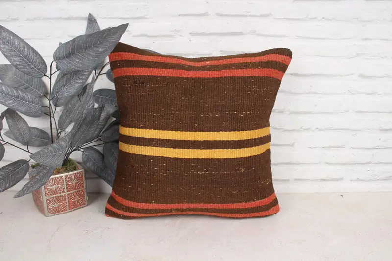 Floor Pillow Sham, Pillow Case, Vintage Kilim Pillow, Sofa Bolster Cushion, Boho Pillow Sham Cover, 18x18 Brown Cushion, Vintage Pillow - 1
