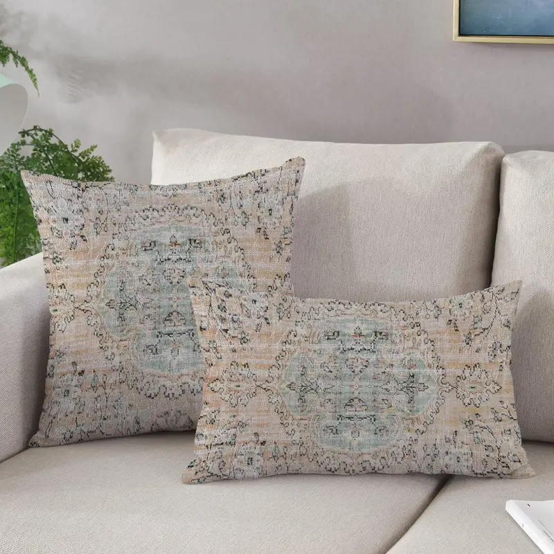 Beige-grünes Kissen mit Ethno-Bauernhaus-Aufdruck – Bio-Komfort