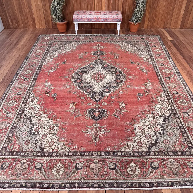 Vintage 10.2x12.8 ft Rug, Oversize Turkish Rug, Red Black Abstract Wool Rug - 1