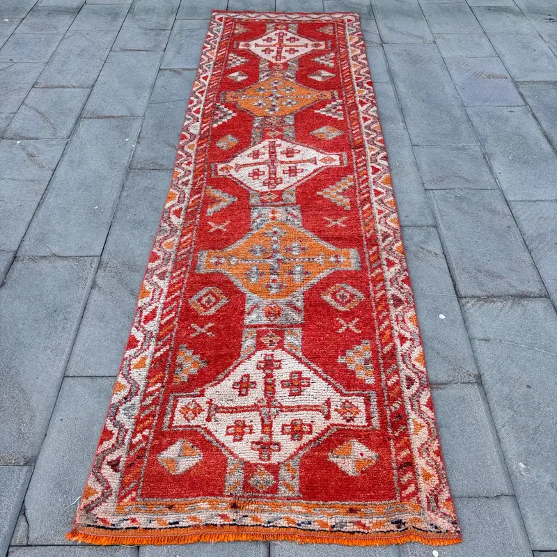 Red Oriental Rug, 2.9x10.2 ft with Orange Accents