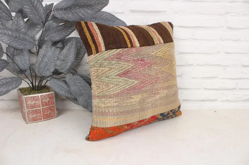 Turkish Kilim Pillow, Antique Pillows, Tapestry Pillow Sham, Interior Designer Pillow, 16x16 Yellow Cushion, Muted Pillow Sham, Pillow Sham - 3