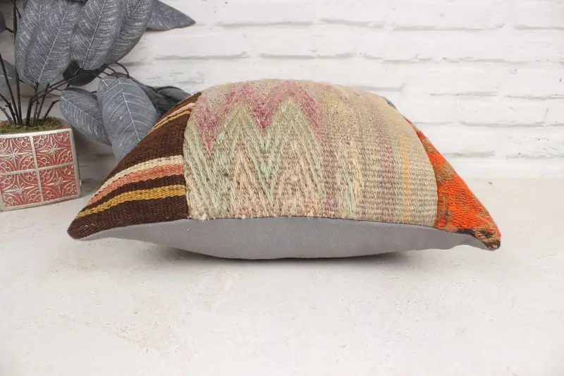 Turkish Kilim Pillow, Antique Pillows, Tapestry Pillow Sham, Interior Designer Pillow, 16x16 Yellow Cushion, Muted Pillow Sham, Pillow Sham - 5