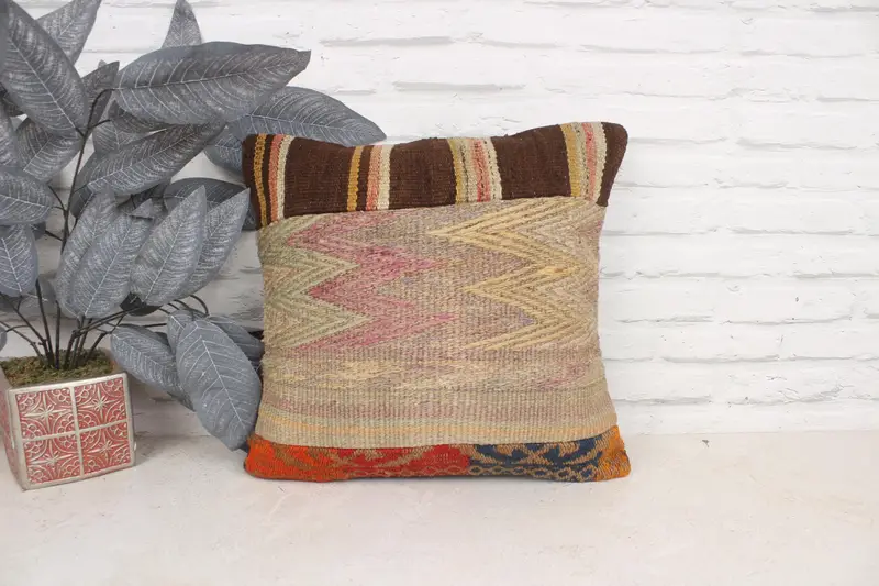 Turkish Kilim Pillow, Antique Pillows, Tapestry Pillow Sham, Interior Designer Pillow, 16x16 Yellow Cushion, Muted Pillow Sham, Pillow Sham - 1