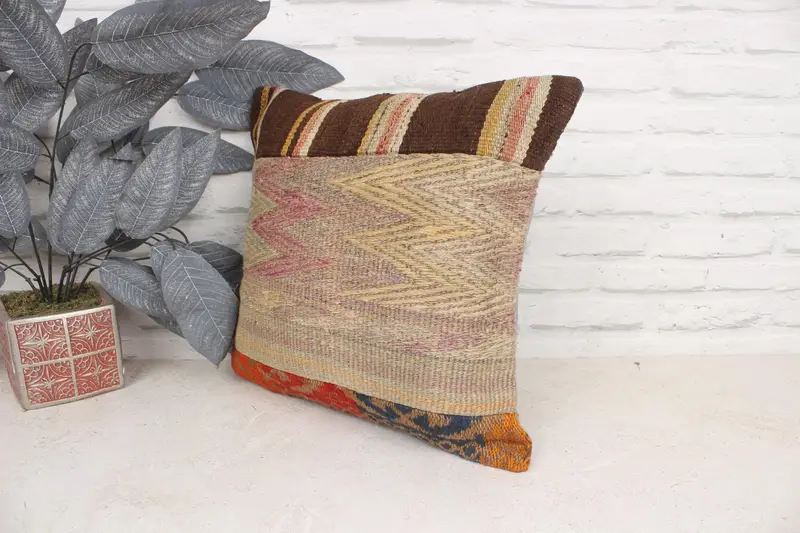 Turkish Kilim Pillow, Antique Pillows, Tapestry Pillow Sham, Interior Designer Pillow, 16x16 Yellow Cushion, Muted Pillow Sham, Pillow Sham - 4