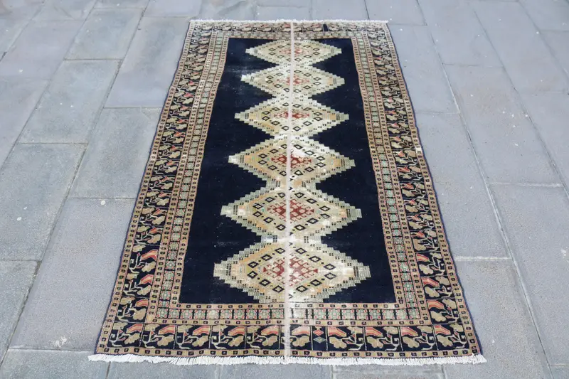 Vintage 3.5x5.7 ft Rug, Turkish Accent Rug, Blue Striped Rug - 1