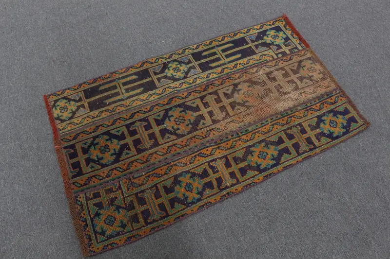 2.4x4 ft Türk Halısı, Vintage Küçük Halı, Mavi Yeşil Puantiyeli Halı - 1