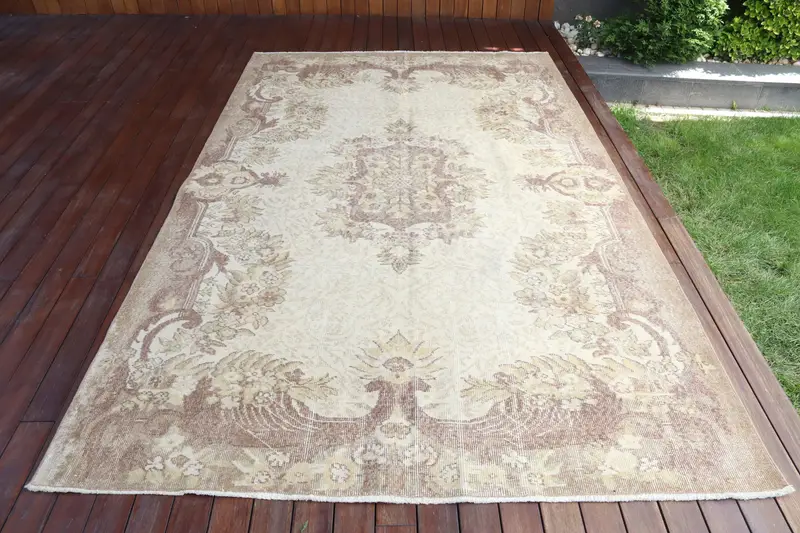 5.8x9.5 ft Turkish Rug, Vintage Large Rug, White Brown Floral Wool Rug - 1