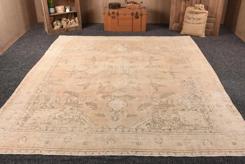 9.8x13 ft Turkish Vintage Rug, Oversize Rug, Brown Beige Check Wool Rug - 1