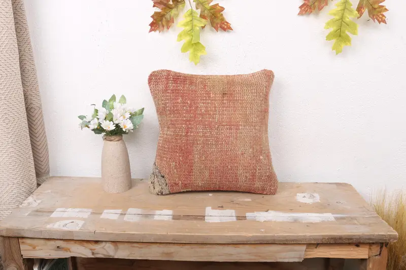 Rot- und beigefarbenes Southwestern-Wurfkissen, 12x12 besticktes Leinenkissen