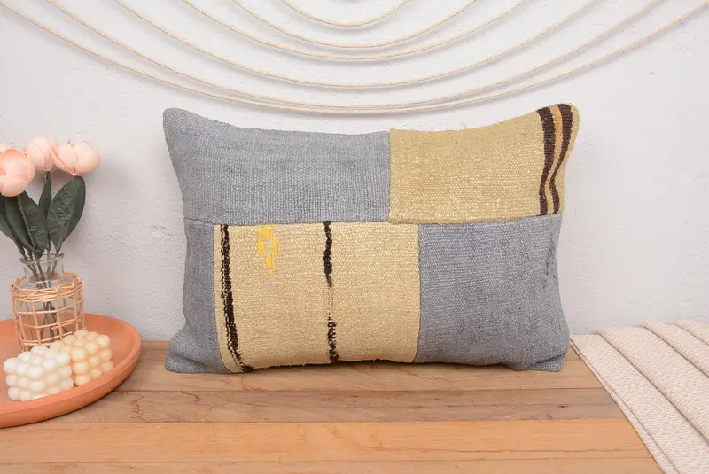 Gray & Beige Striped Decorative Pillow, 16x24 Inches Embroidered Pillow - 2
