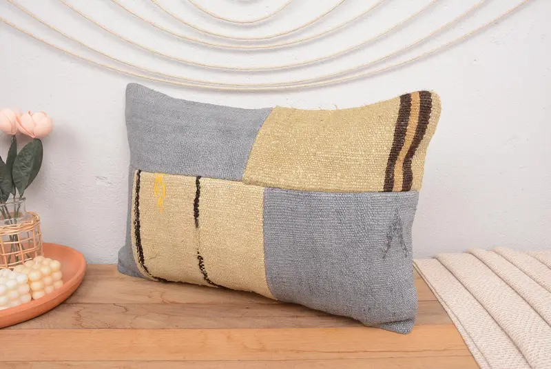 Gray & Beige Striped Decorative Pillow, 16x24 Inches Embroidered Pillow - 4
