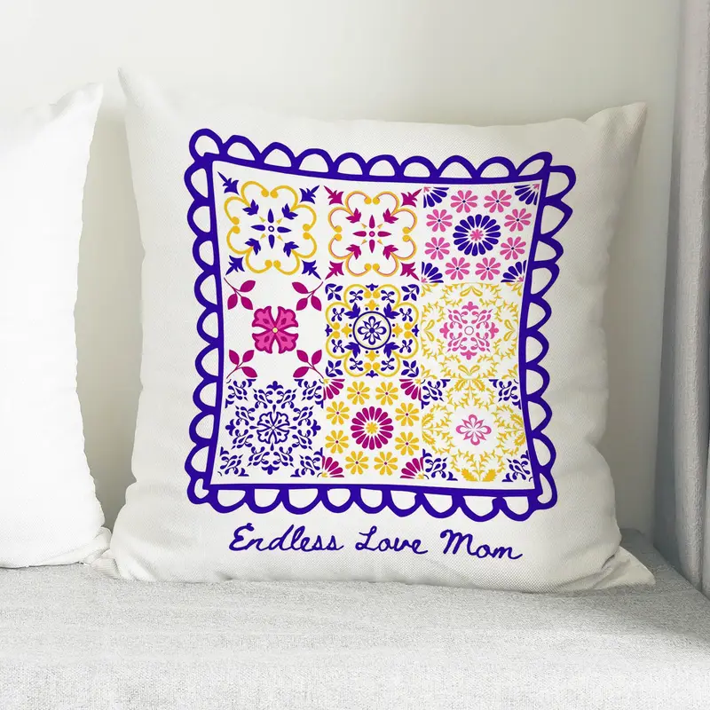 Vintage Floral Pattern Pillow Cover, Colorful Boho Tile Design, Cozy Living Room Decor, Gift for Mom - 1