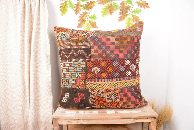 Red & Orange Patchwork Throw Pillow, 32x32 Embroidered Cushion