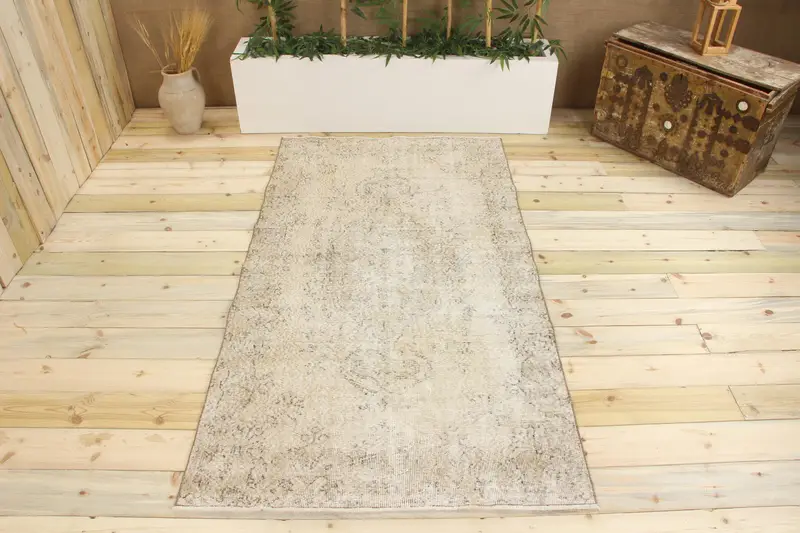 Handmade Beige Oriental Rug, 0.3x6.7 ft Elegant Decor