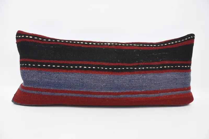 Rechteckiges gestreiftes Vintage-Kissen, marokkanischer 16x35 Zoll strukturierter blauer Wollkissenbezug - 1