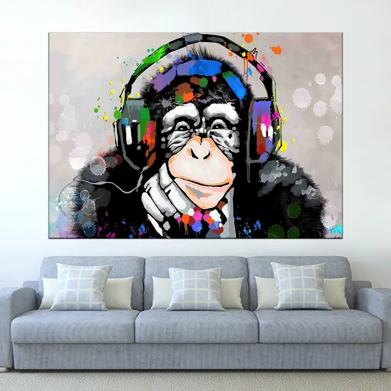 Thinking Gorilla Canvas, Funny Monkey Wall Art, Dj Monkey Wall Decor, Music Play Canvas, Dj Monkey Graffiti Art, Thinking Monkey Poster - 1