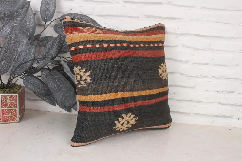 Boho Pillow, 16x16 Brown Cushion Cover, Pillow, Pillow for Couch, Vintage Kilim Pillow, Art Deco Cushion Cover, Kilim Rug Pillow - 3