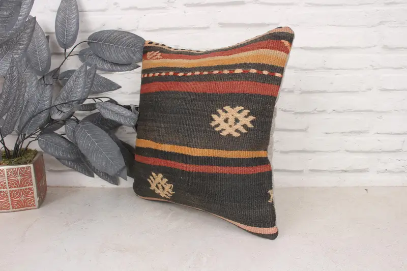 Boho Pillow, 16x16 Brown Cushion Cover, Pillow, Pillow for Couch, Vintage Kilim Pillow, Art Deco Cushion Cover, Kilim Rug Pillow - 4